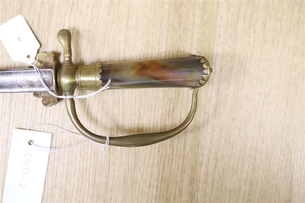 A Hunting sword c.1700, fluted blade with etched inscriptions (worn), agate grip with V-shape pommel,